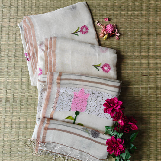 Tulip and Sunflower Motif Linen Silk Saree