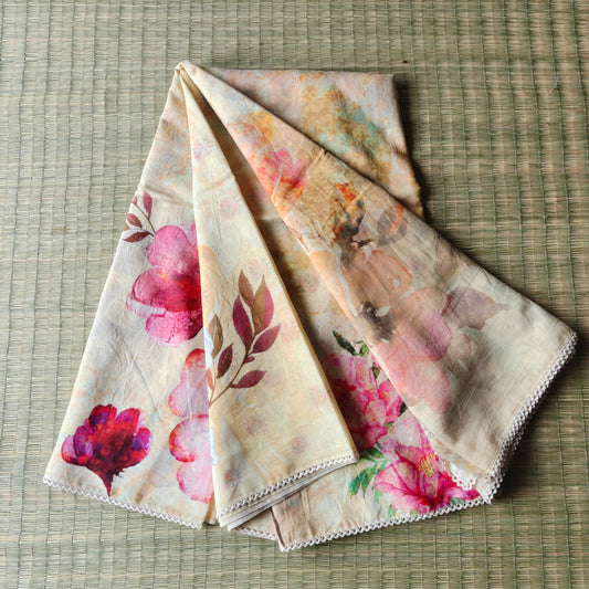 Soft Pastel Yellow Mul Chanderi Saree with Floral Print and Lace Border