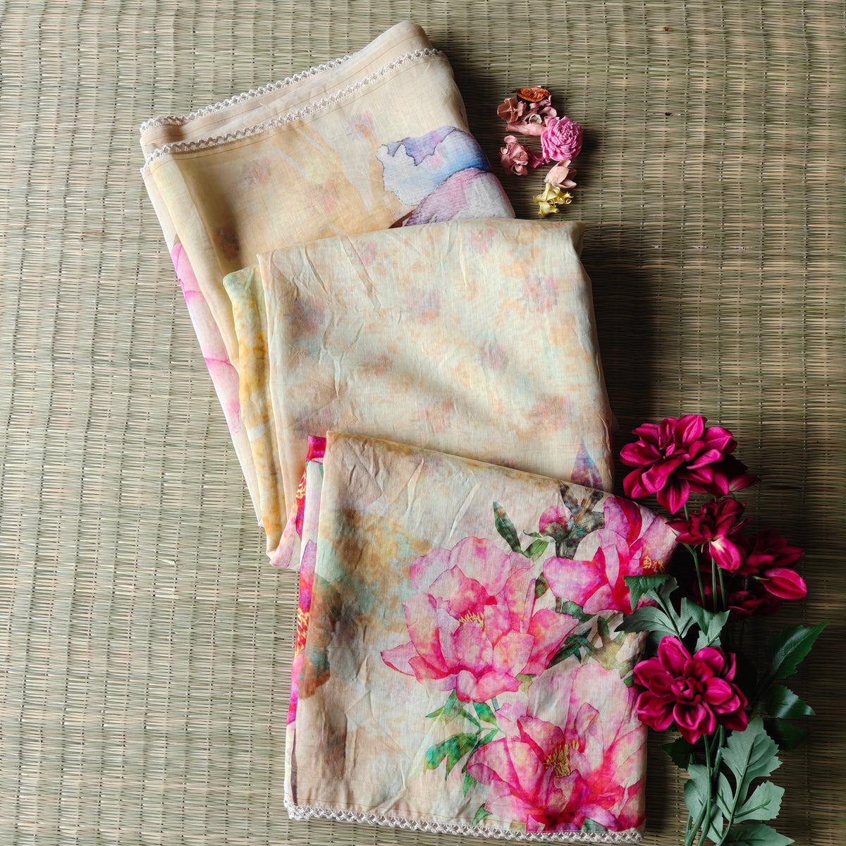 Soft Pastel Yellow Mul Chanderi Saree with Floral Print and Lace Border