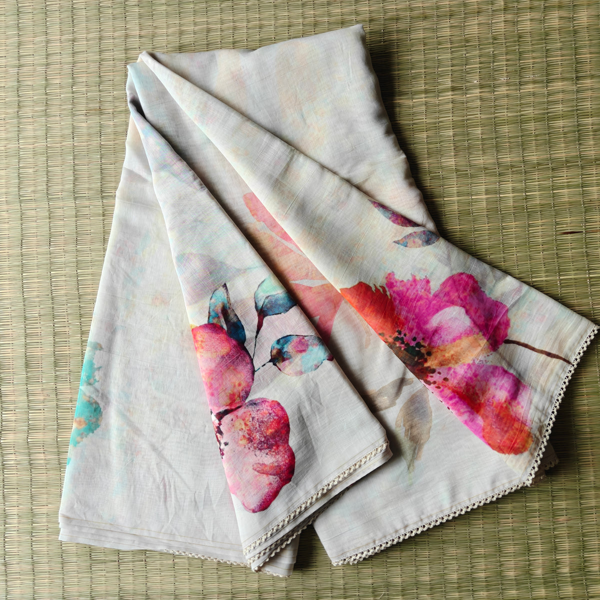 Mul Chanderi Saree with Floral Print and Lace Border
