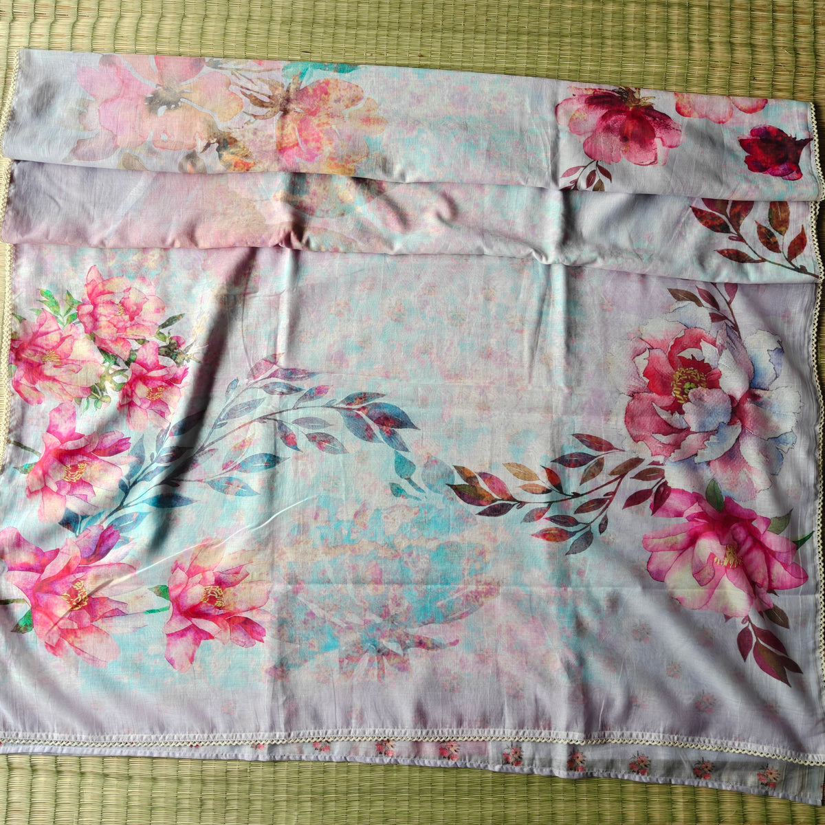 Mul Chanderi designer Saree with Floral Print and Lace Border