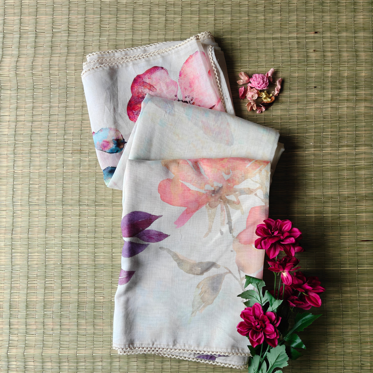 Mul Chanderi Saree with Floral Print and Lace Border