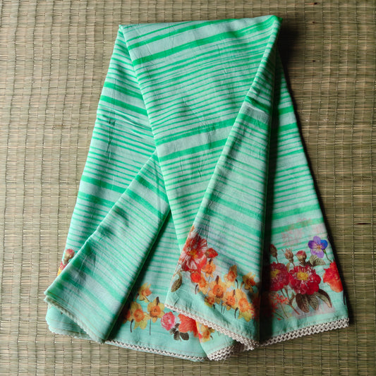 Pastel SeaGreen Mul Chanderi Saree with stripes and Floral Print