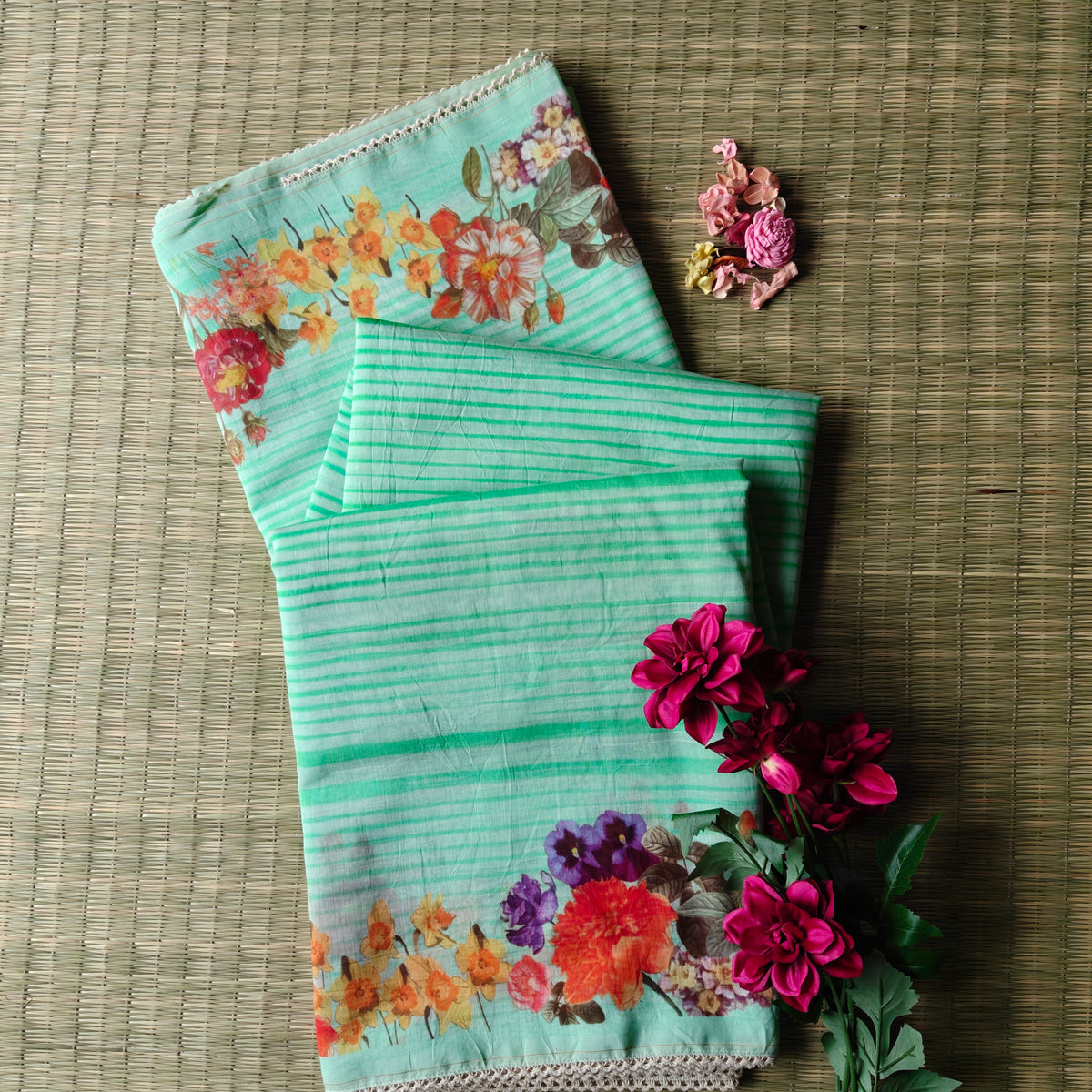 Pastel SeaGreen Mul Chanderi Saree with stripes and Floral Print