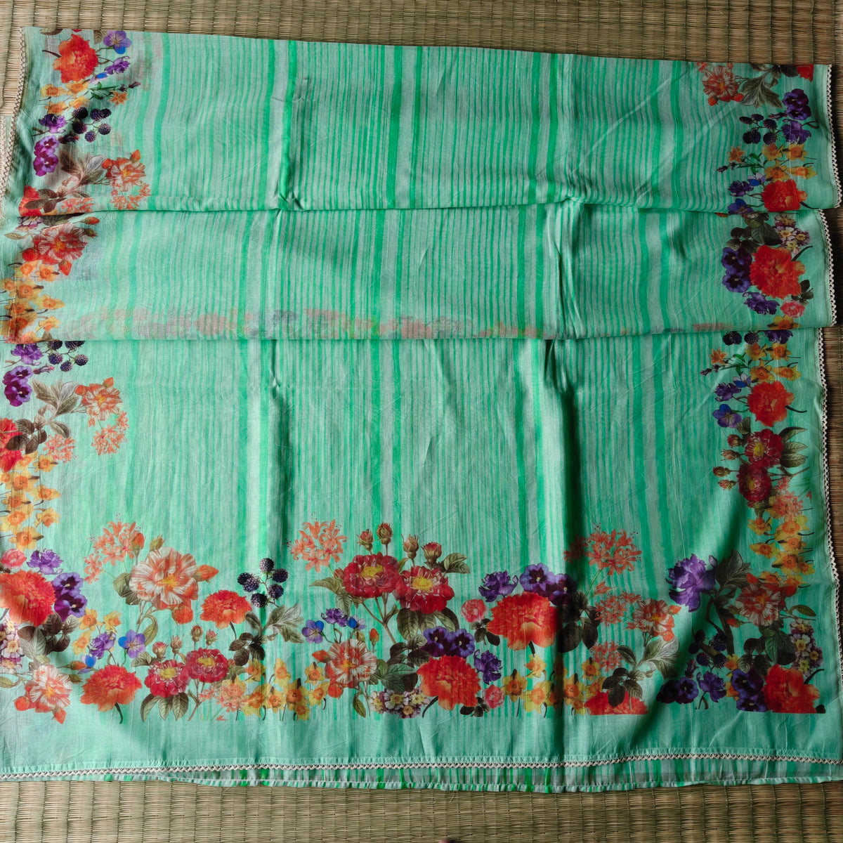 Pastel SeaGreen Mul Chanderi Saree with stripes and Floral Print