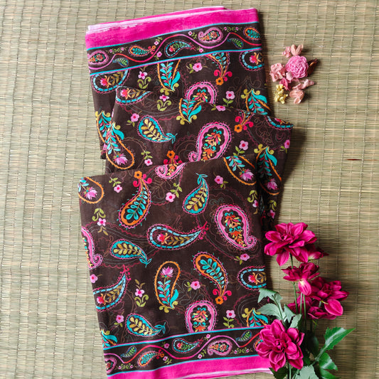 Rich Coffee Brown Printed Mul Cotton Saree