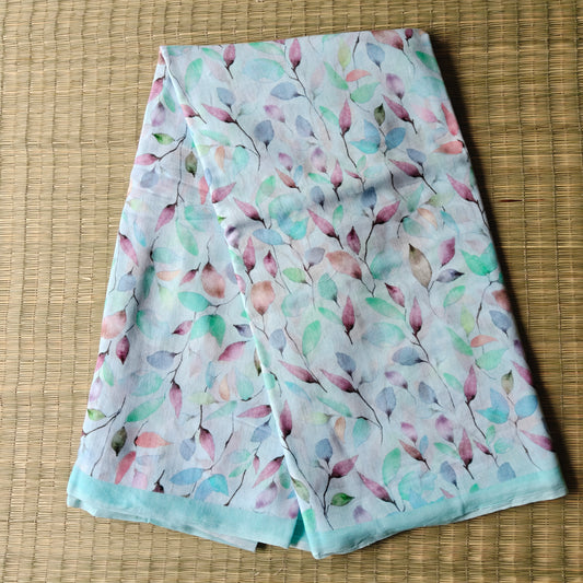 Ice Blue Leaf Print Mul Cotton Saree