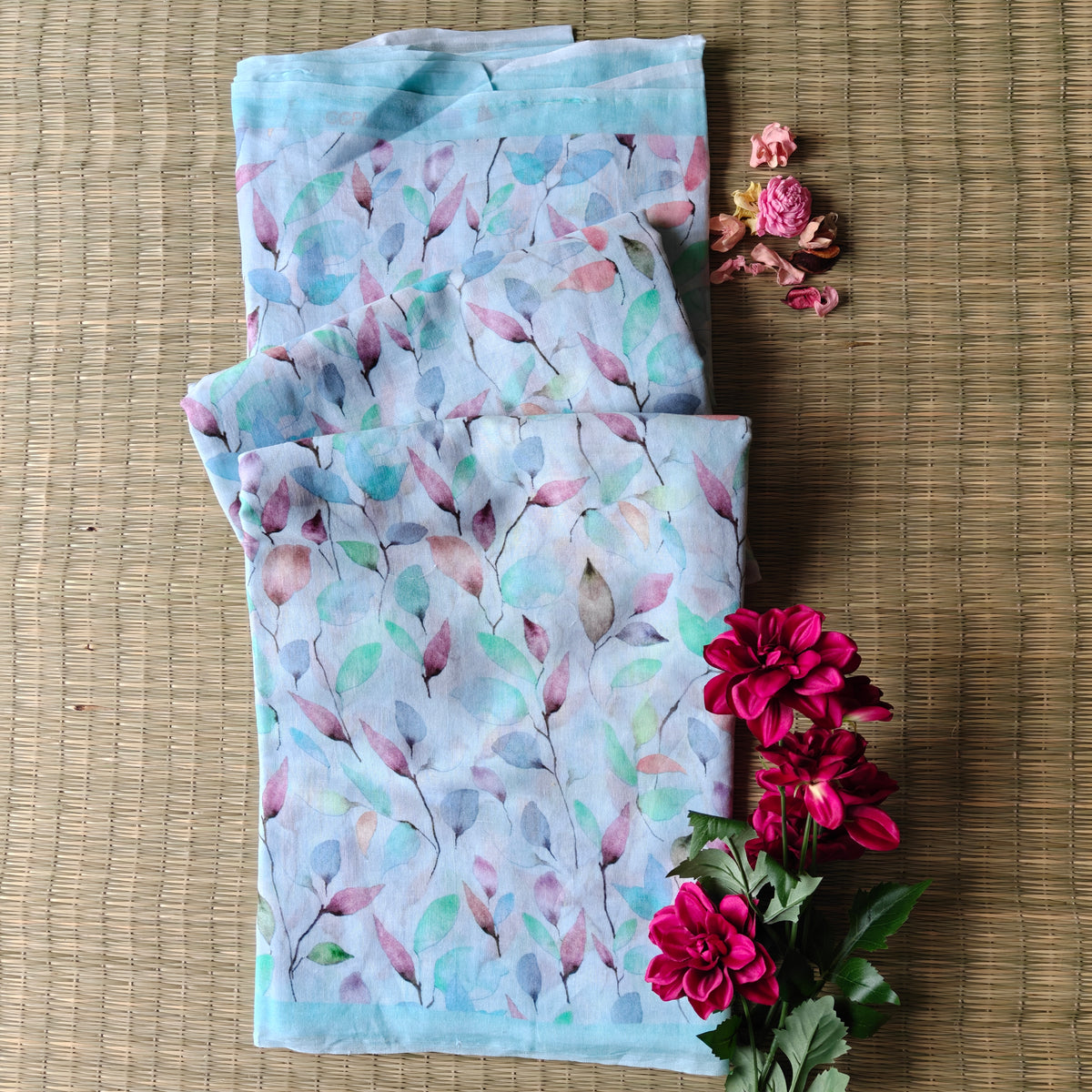 Ice Blue Leaf Print Mul Cotton Saree