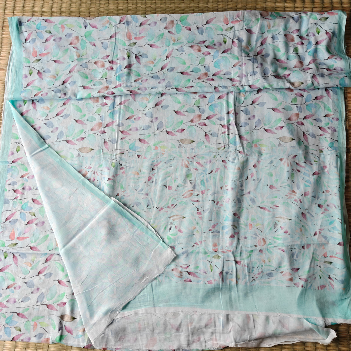 Ice Blue Leaf Print Mul Cotton Saree