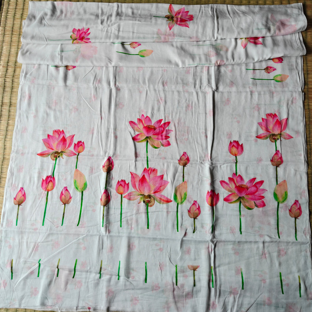 Lotus Motifs on White Mul Cotton Saree