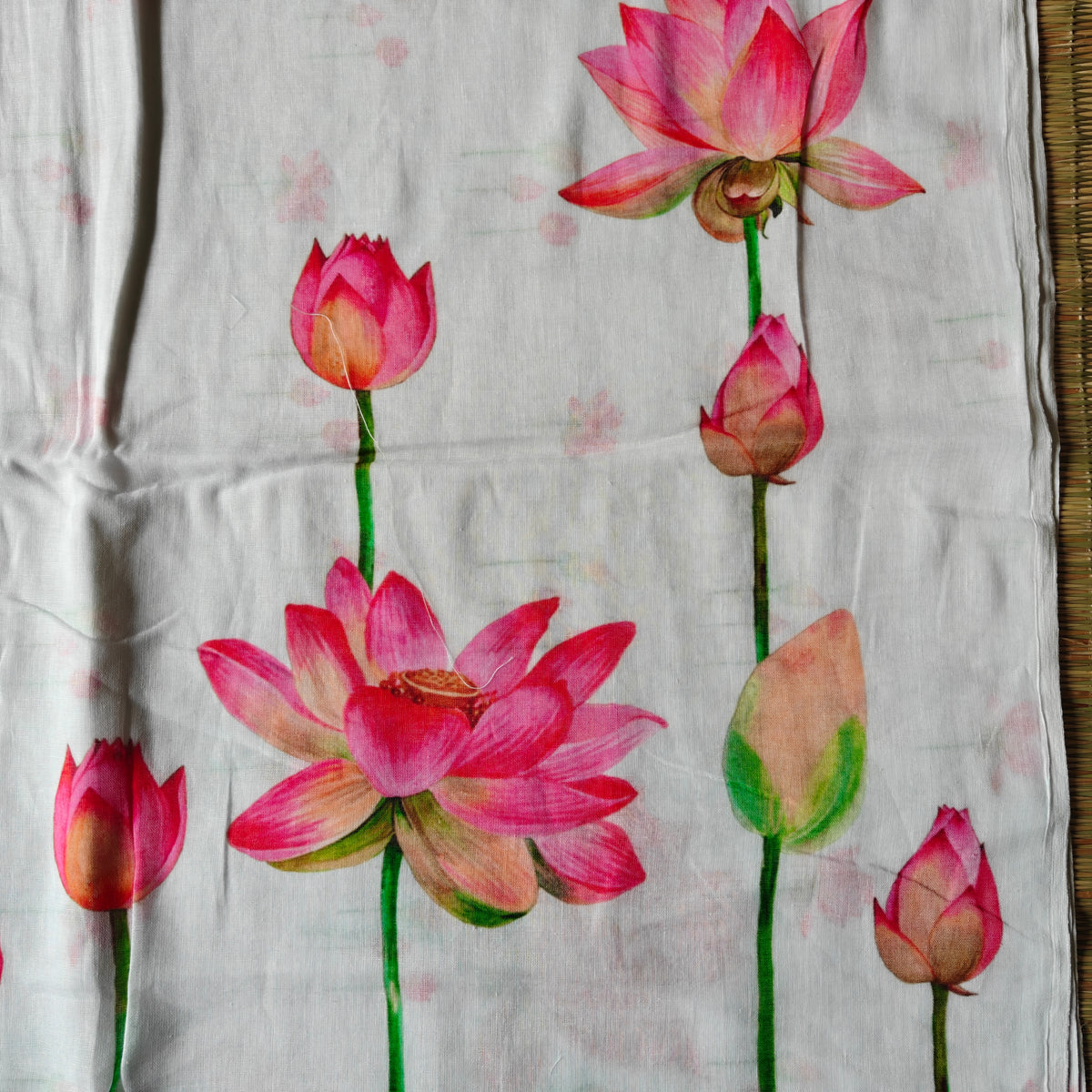 Lotus Motifs on White Mul Cotton Saree