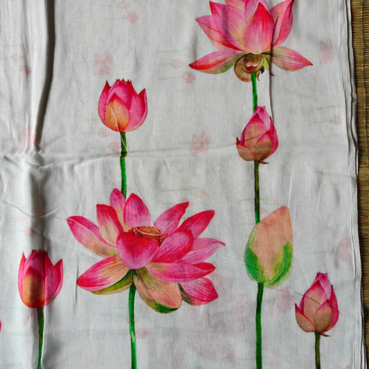 Lotus Motifs on White Mul Cotton Saree