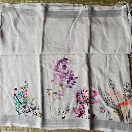 Chic Floral Printed Cotton Linen Saree