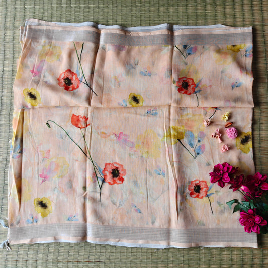 Ethereal Floral Printed Peach Cotton Linen Saree
