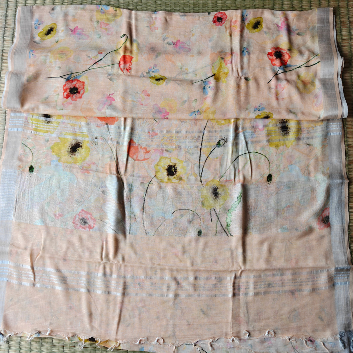 Ethereal Floral Printed Peach Cotton Linen Saree