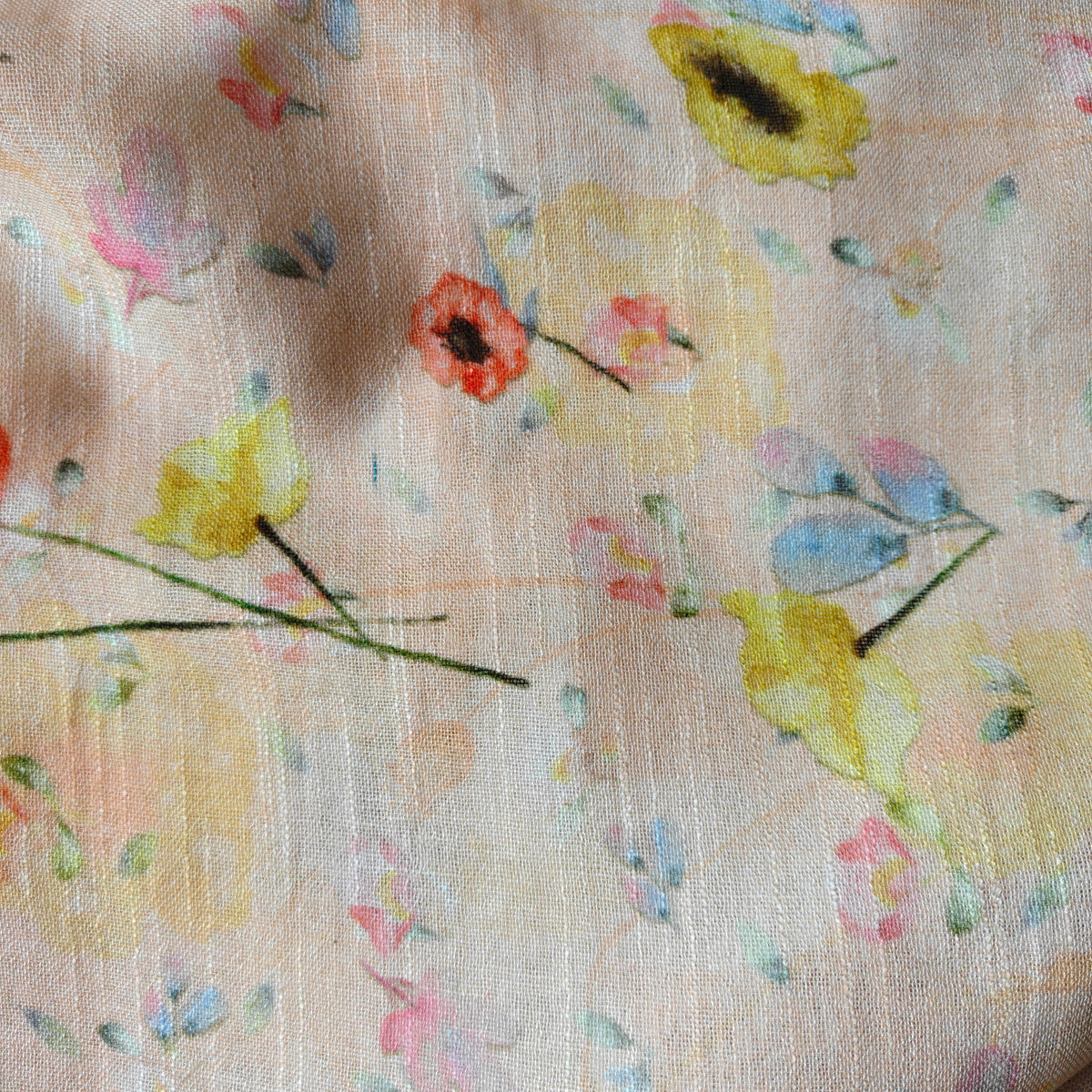 Ethereal Floral Printed Peach Cotton Linen Saree
