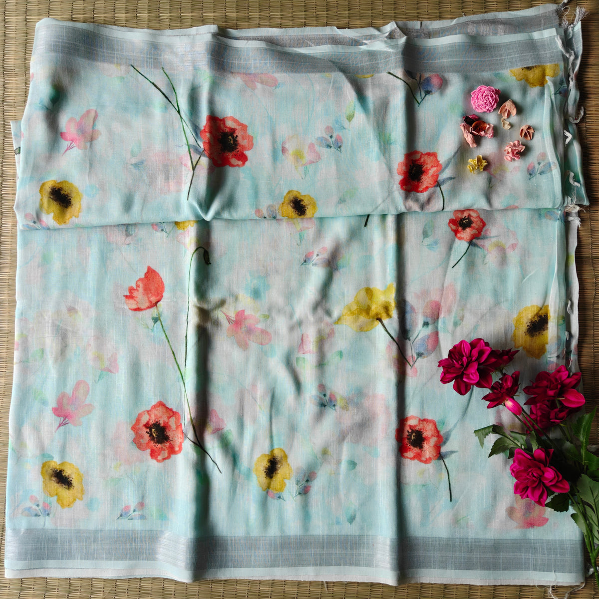 Pastel Ice Blue Cotton Linen Saree