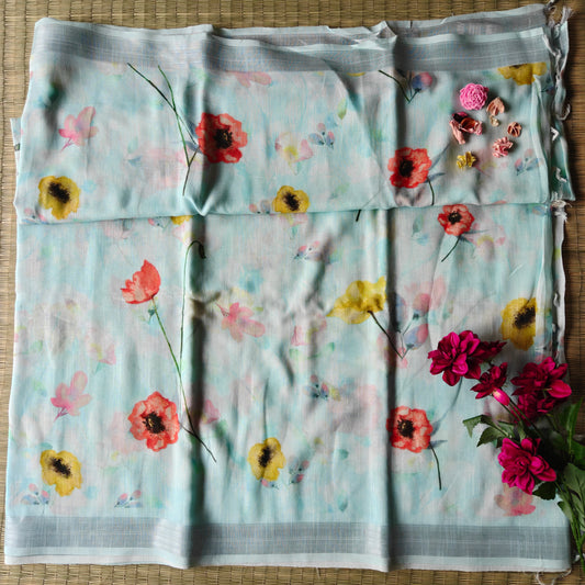 Pastel Ice Blue Cotton Linen Saree