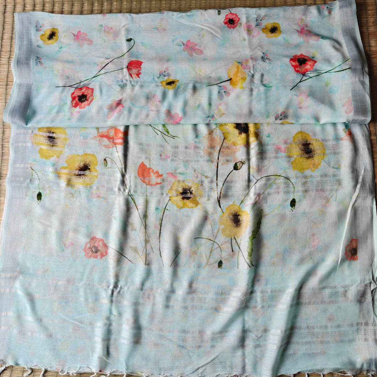 Pastel Ice Blue Cotton Linen Saree
