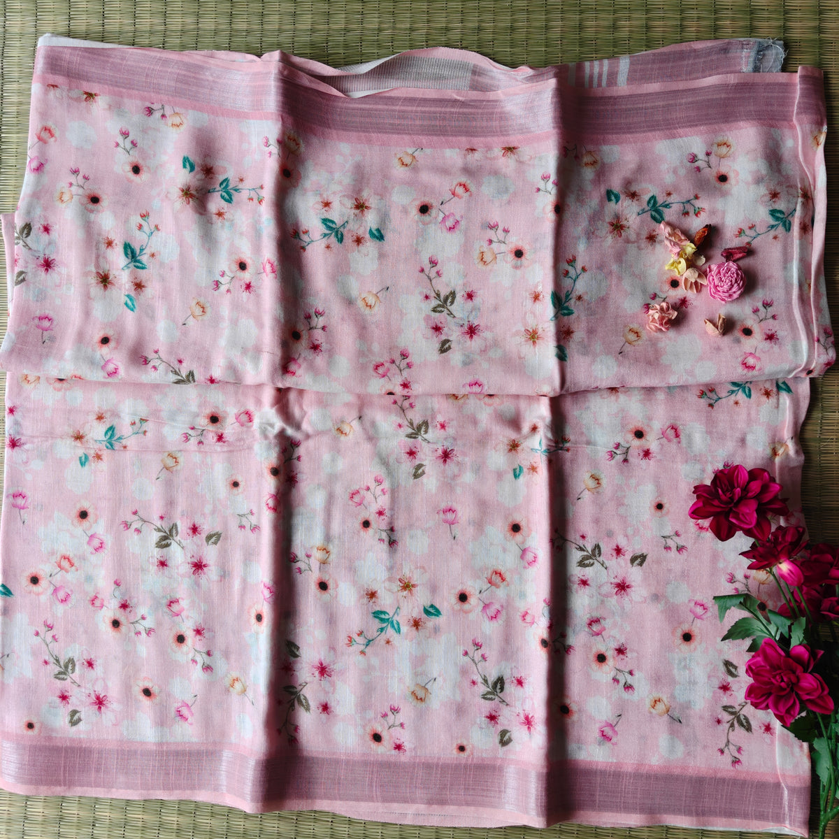 Pastel Pink Floral Print Cotton LInen Saree
