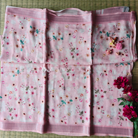 Pastel Pink Floral Print Cotton LInen Saree