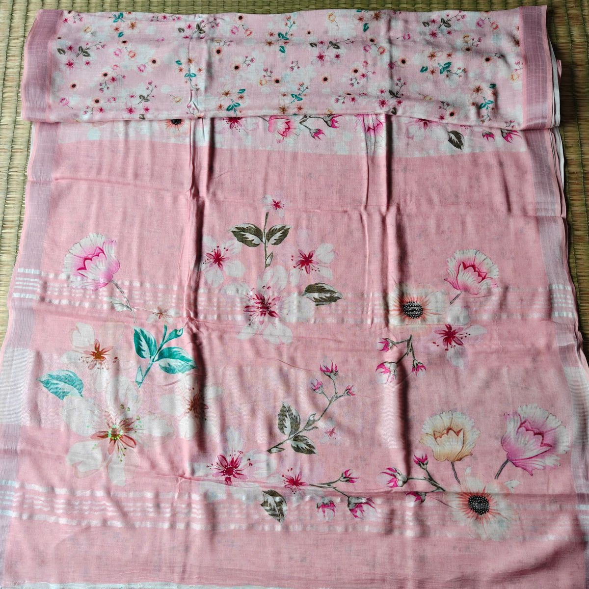Pastel Pink Floral Print Cotton LInen Saree