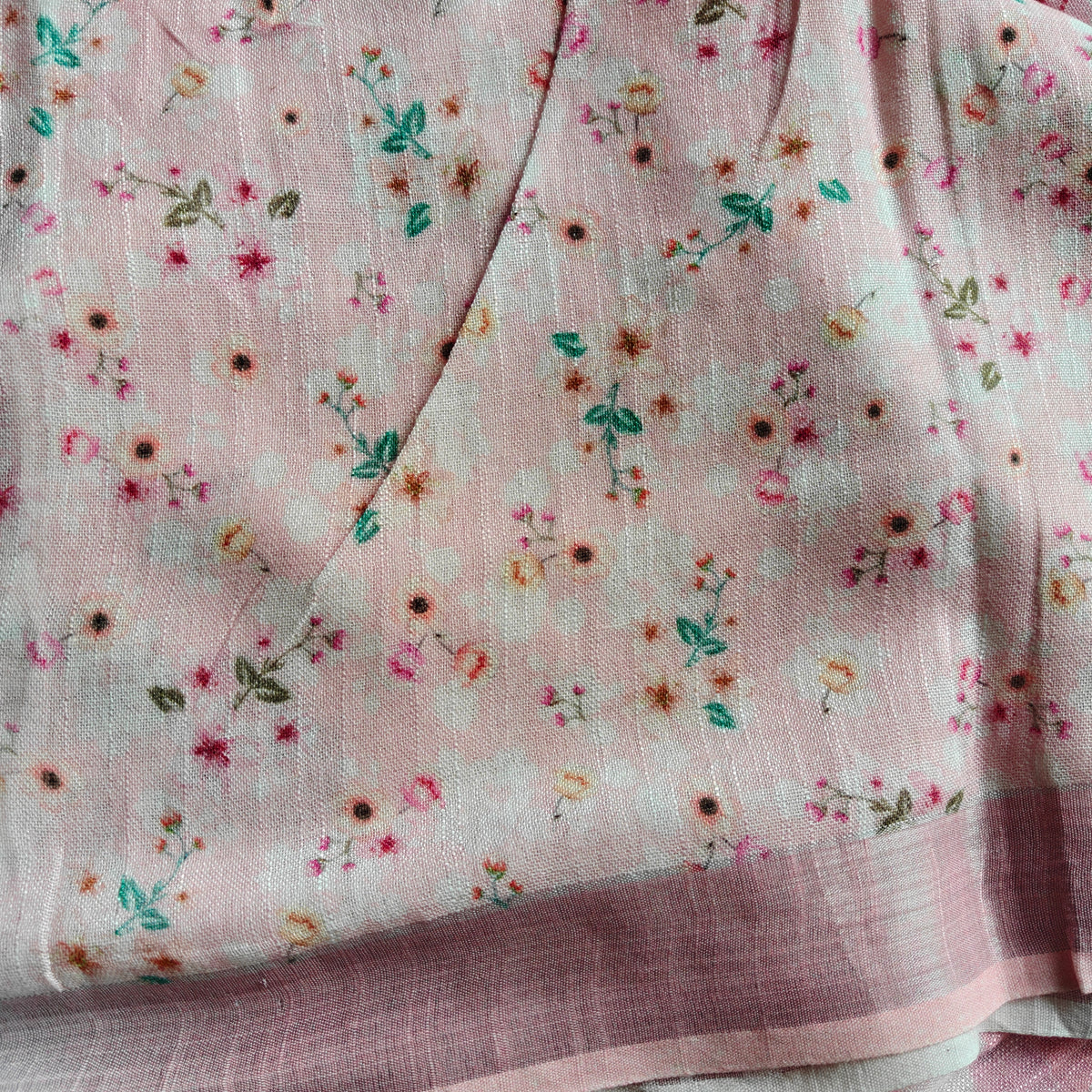 Pastel Pink Floral Print Cotton LInen Saree