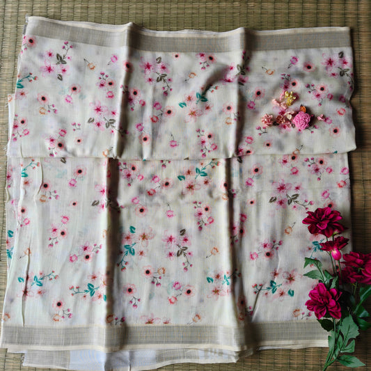 Floral Printed Cotton Linen Saree