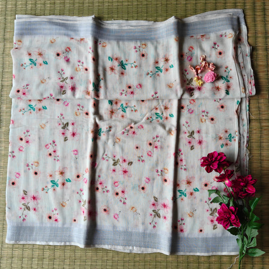 Floral Printed Cotton Linen Saree