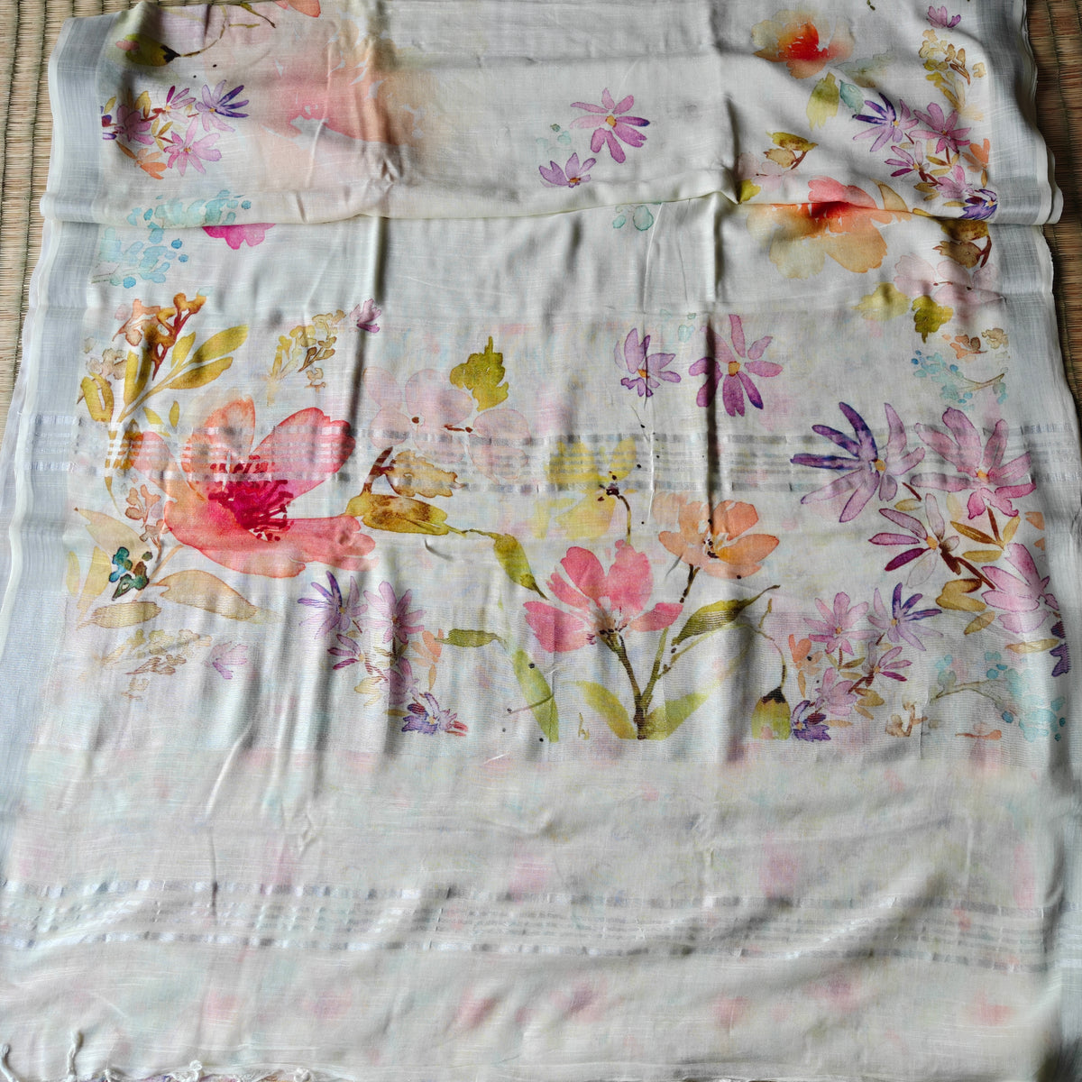 Colourful Floral Printed Cotton Linen Saree