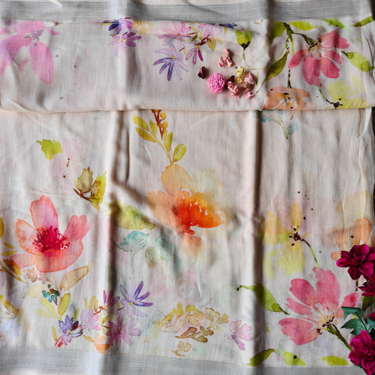 Pastel Cotton Linen Saree with Print