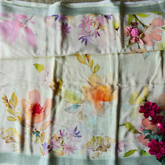 Vibrant Floral Printed Cotton Linen Saree