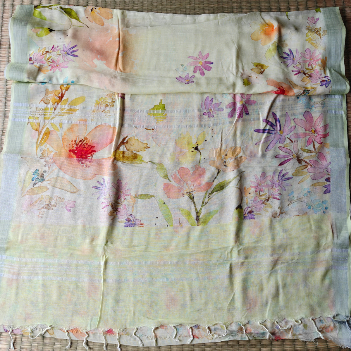 Vibrant Floral Printed Cotton Linen Saree