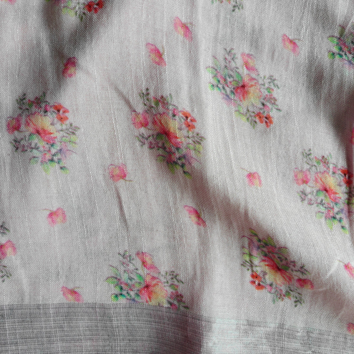 Pastel White colour Floral Print Cotton Linen Saree