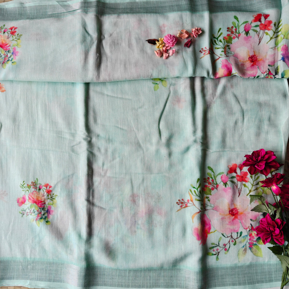 Light Mint Blue Floral Printed Cotton Linen Saree