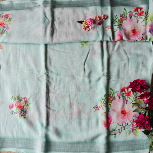 Light Mint Blue Floral Printed Cotton Linen Saree