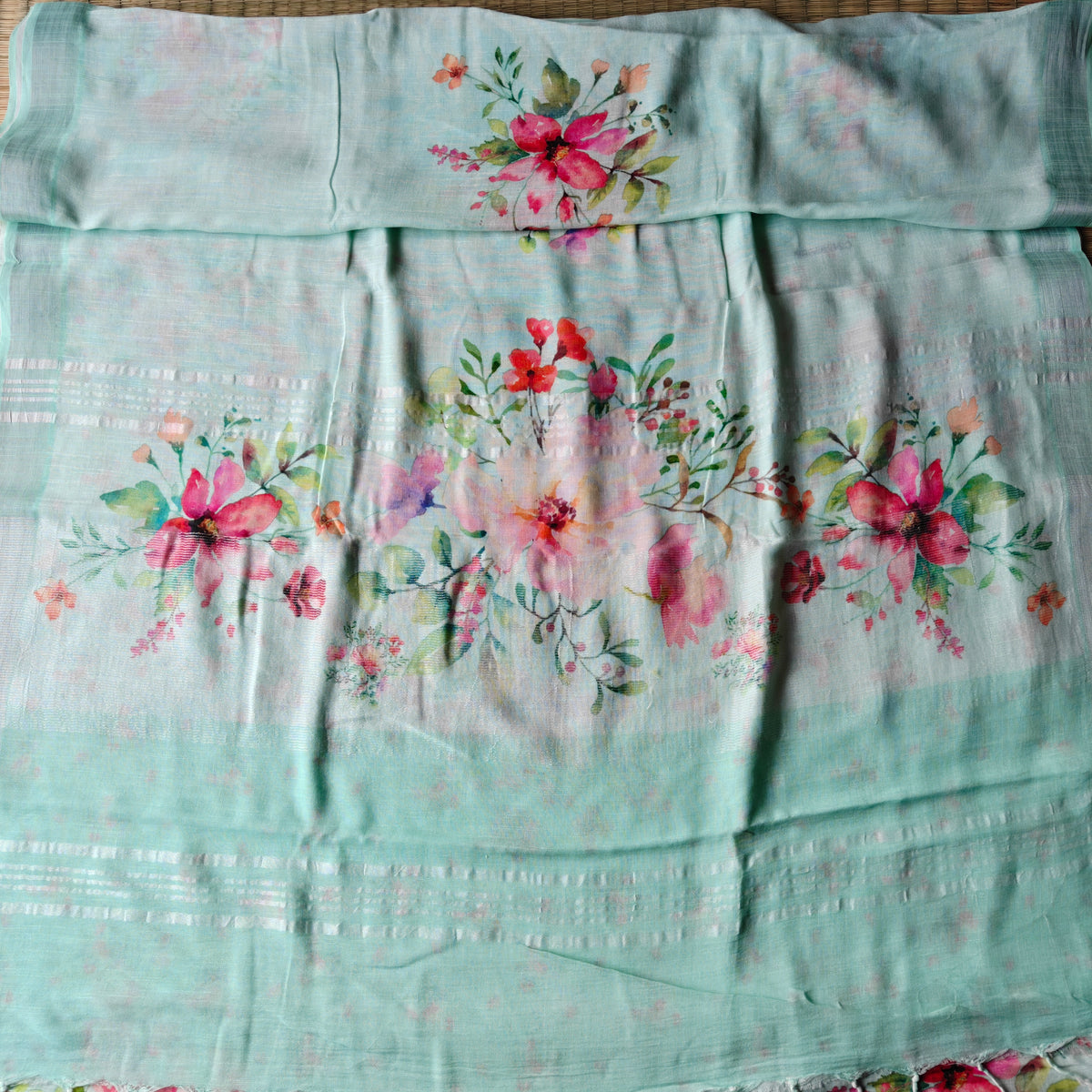 Light Mint Blue Floral Printed Cotton Linen Saree