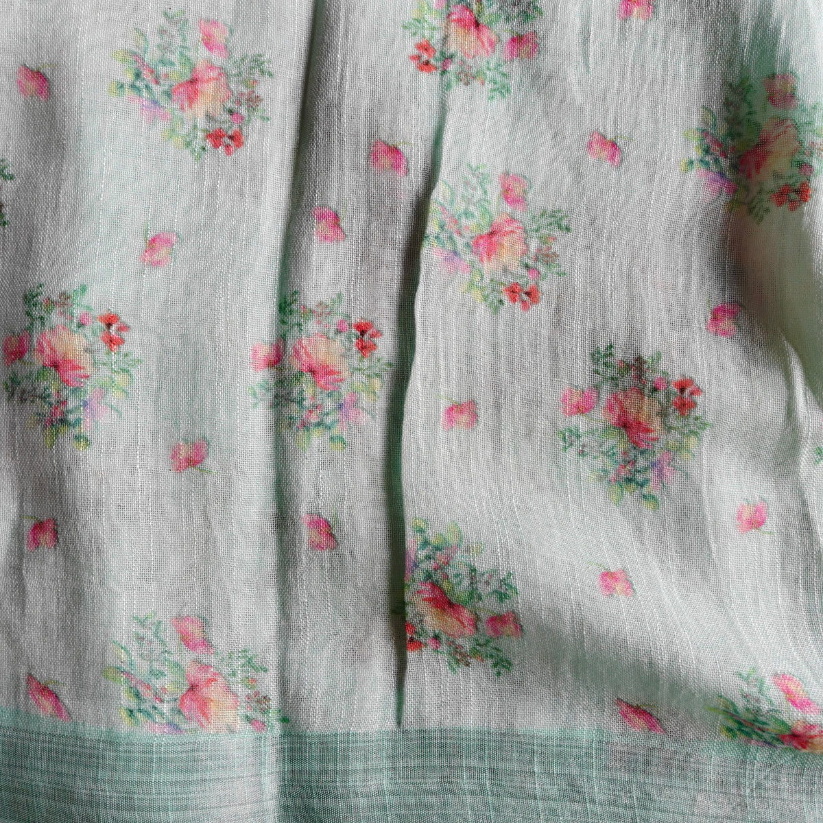 Light Mint Blue Floral Printed Cotton Linen Saree