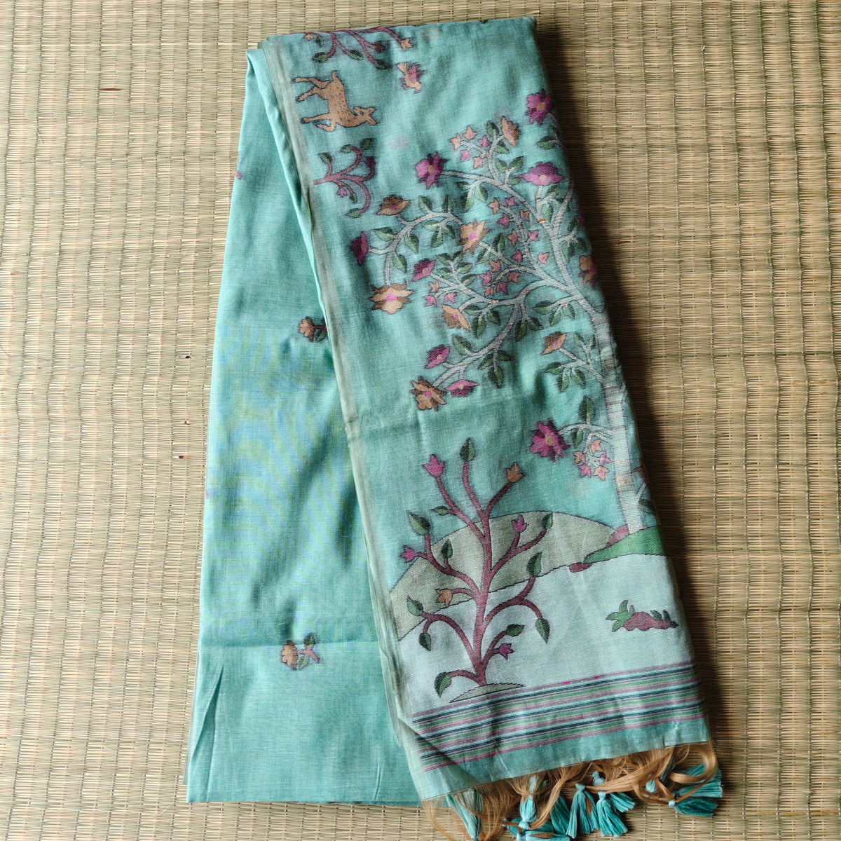 Seafoam Green Muga Cotton Saree