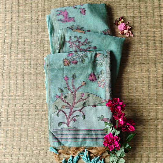 Seafoam Green Muga Cotton Saree
