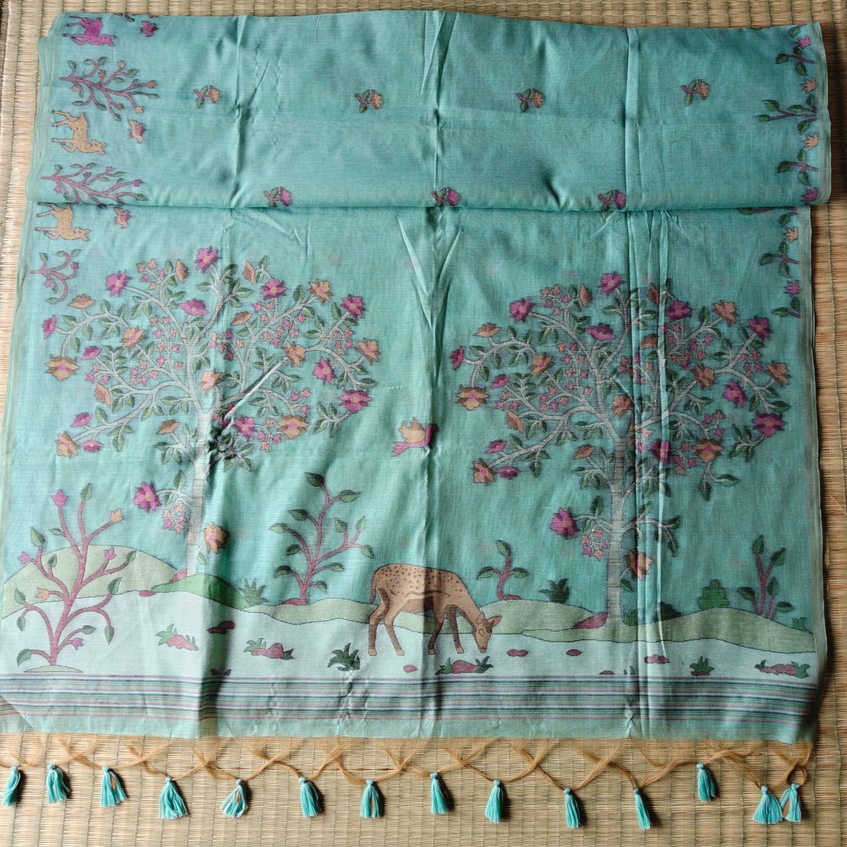 Seafoam Green Muga Cotton Saree