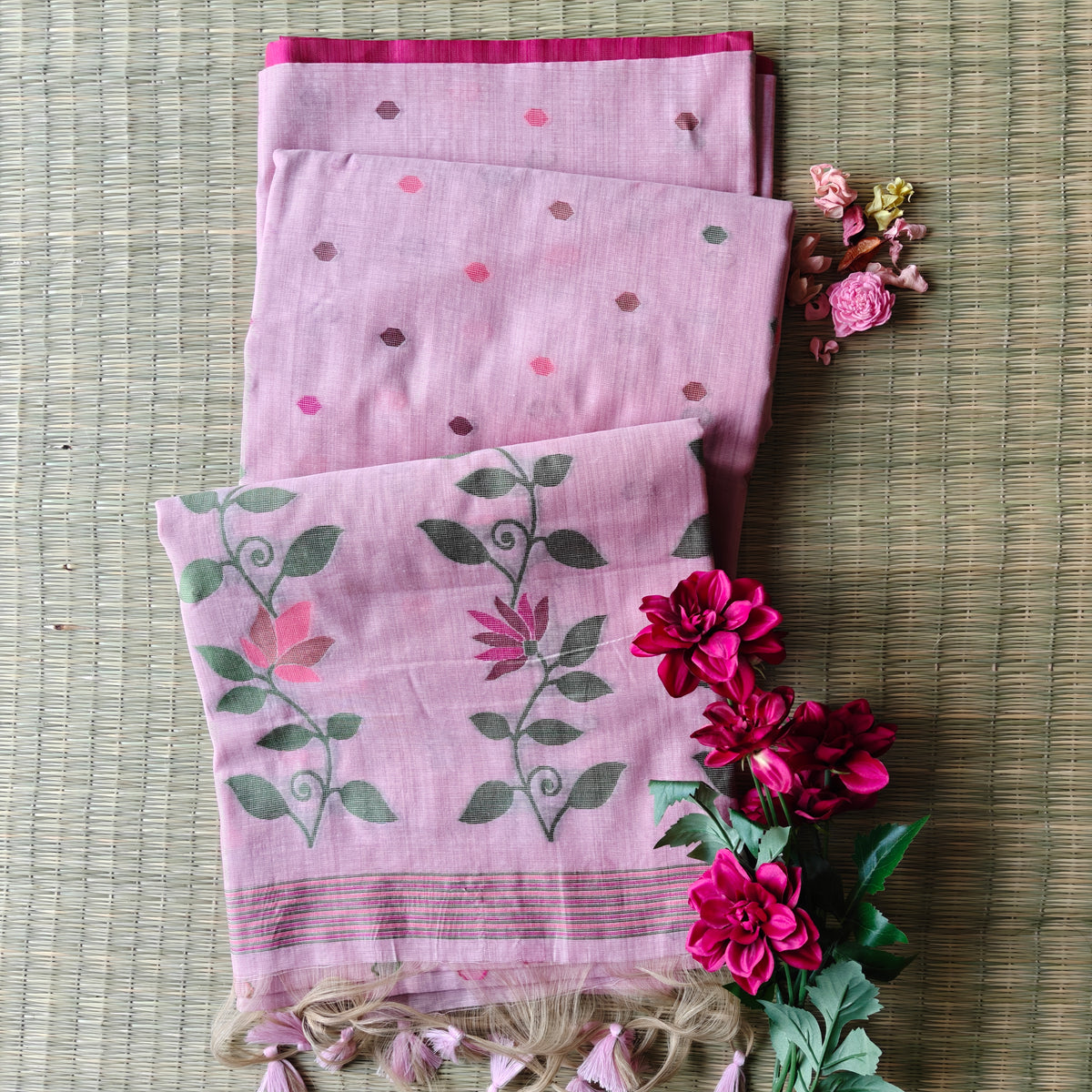 Pastel Pink Chanderi Cotton Jamdani Saree