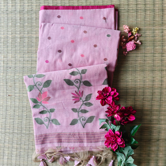 Pastel Pink Chanderi Cotton Jamdani Saree
