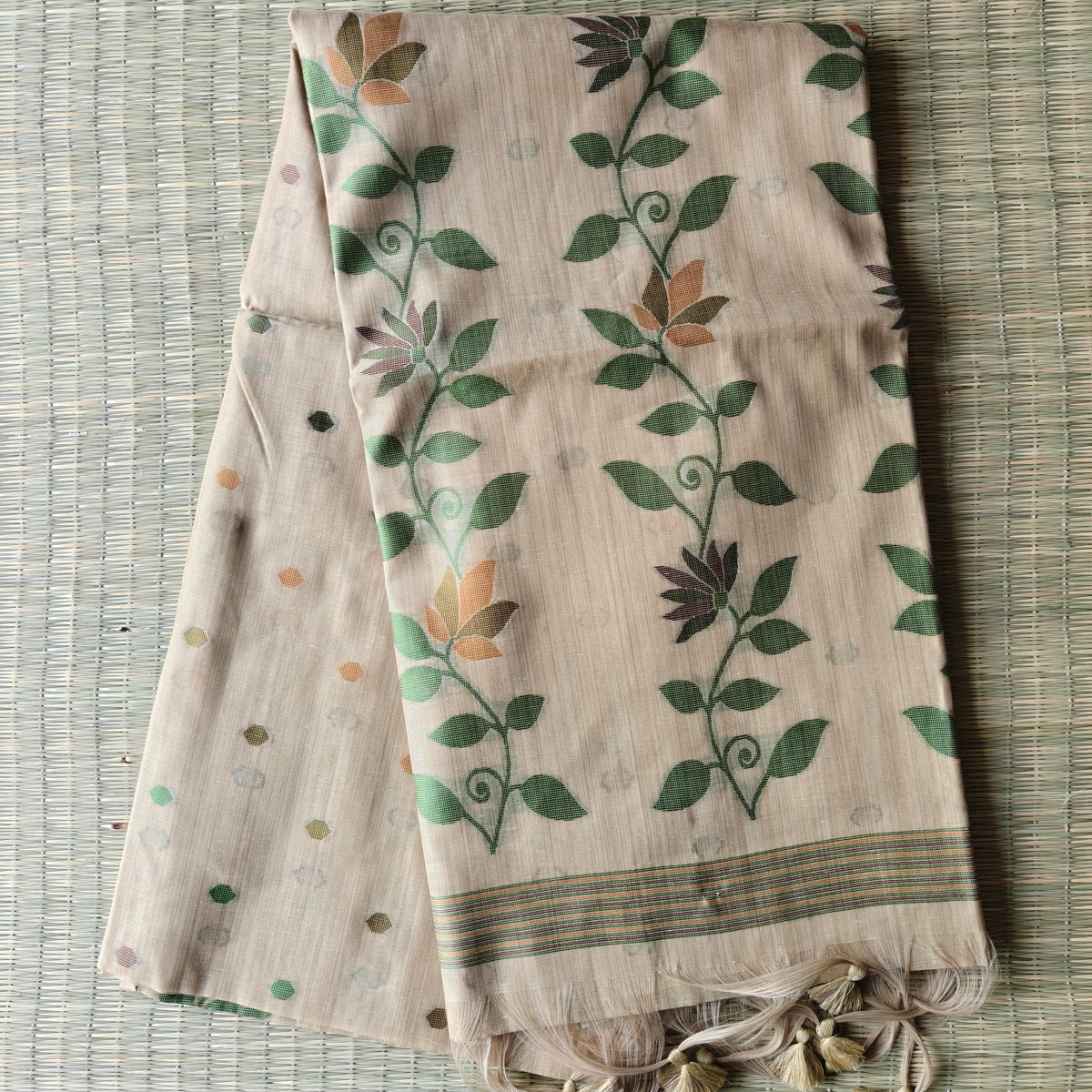 Beige Chanderi Cotton Jamdani Saree
