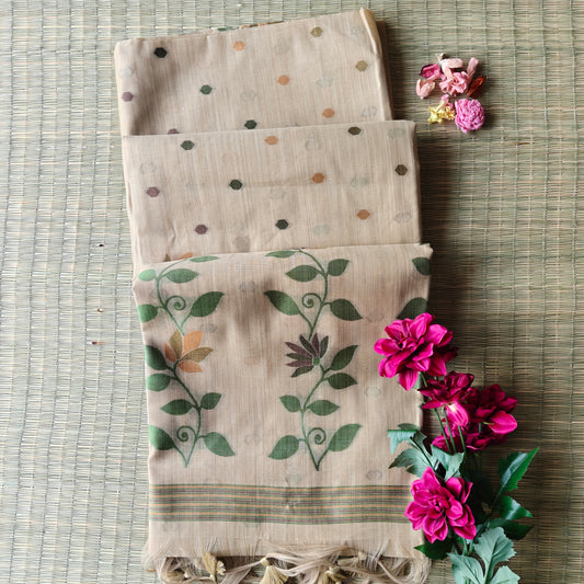 Beige Chanderi Cotton Jamdani Saree