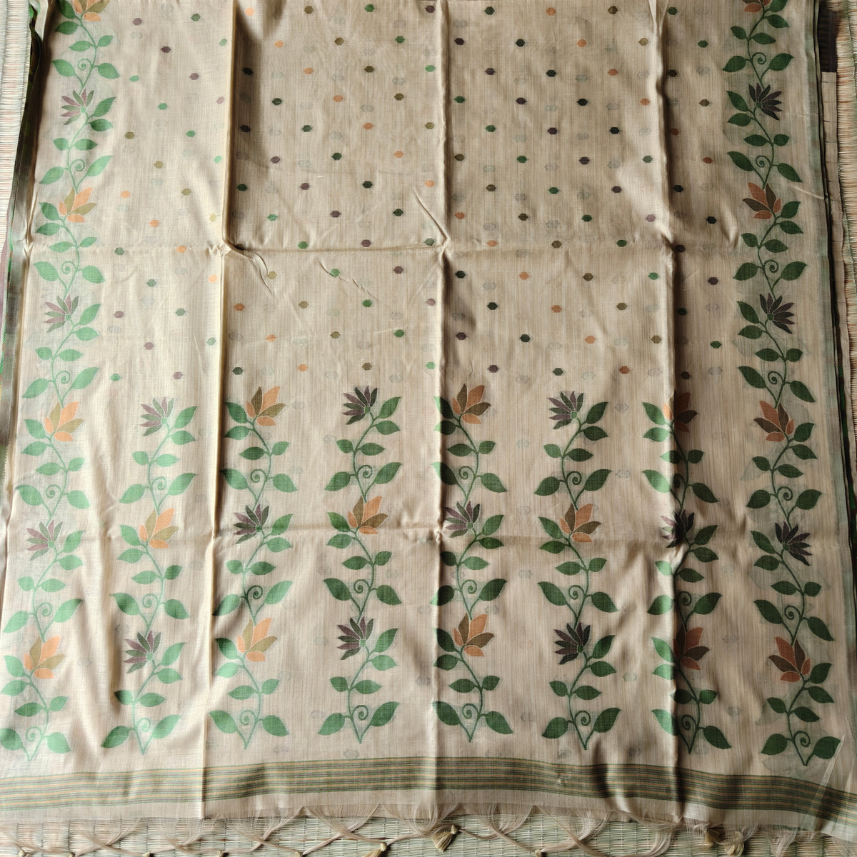 Beige Chanderi Cotton Jamdani Saree