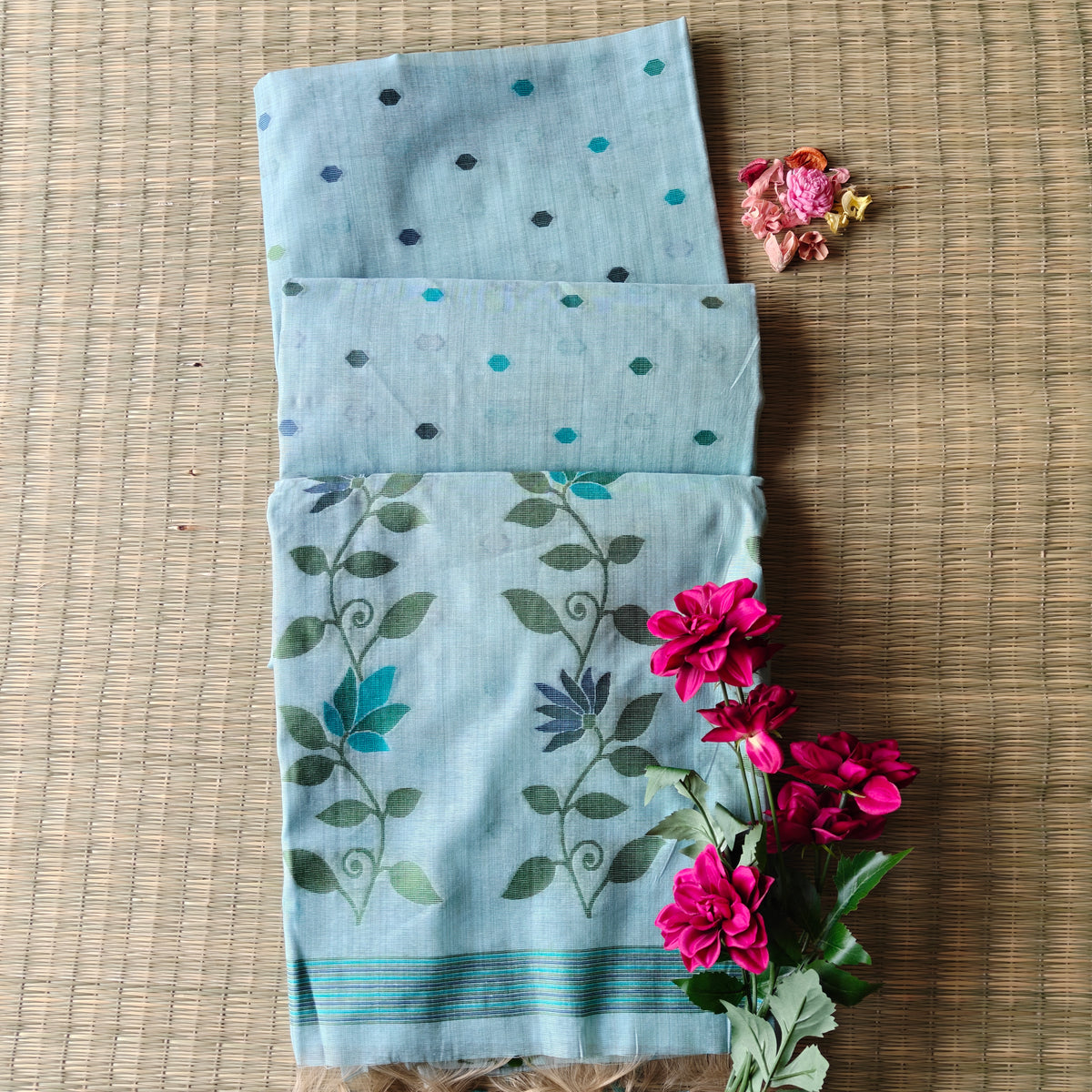 Ice Blue Chanderi Cotton Jamdani Saree