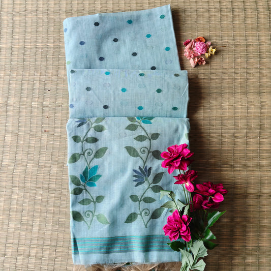 Ice Blue Chanderi Cotton Jamdani Saree