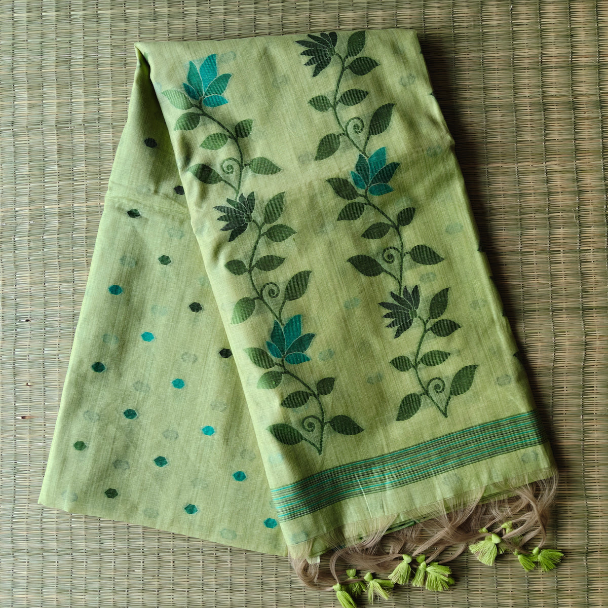 Pastel Lime Chanderi Cotton Jamdani Saree