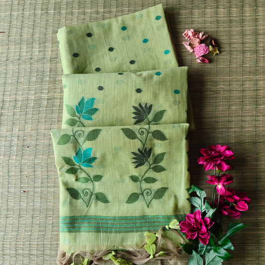 Pastel Lime Chanderi Cotton Jamdani Saree